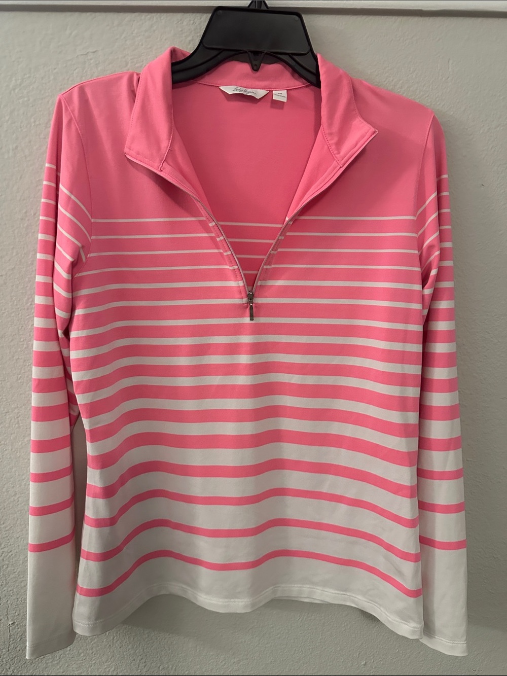 Lady Hagen Pink and White Striped Quarter-Zip Long Sleeve Top